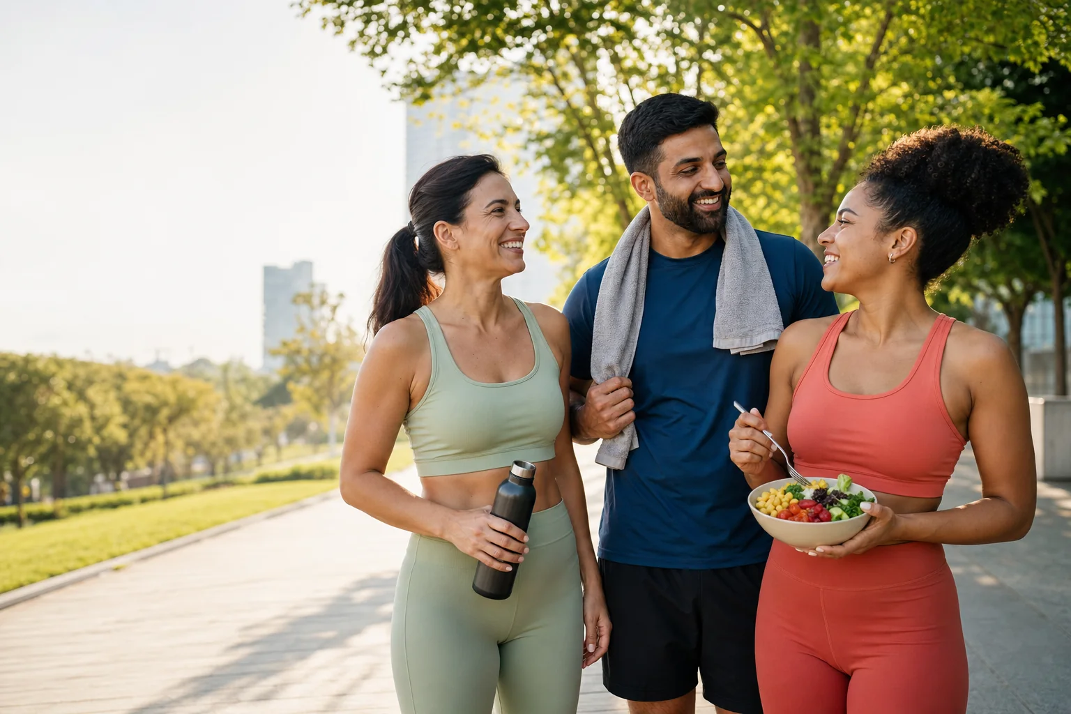 Happy friends enjoying fitness and a balanced meal